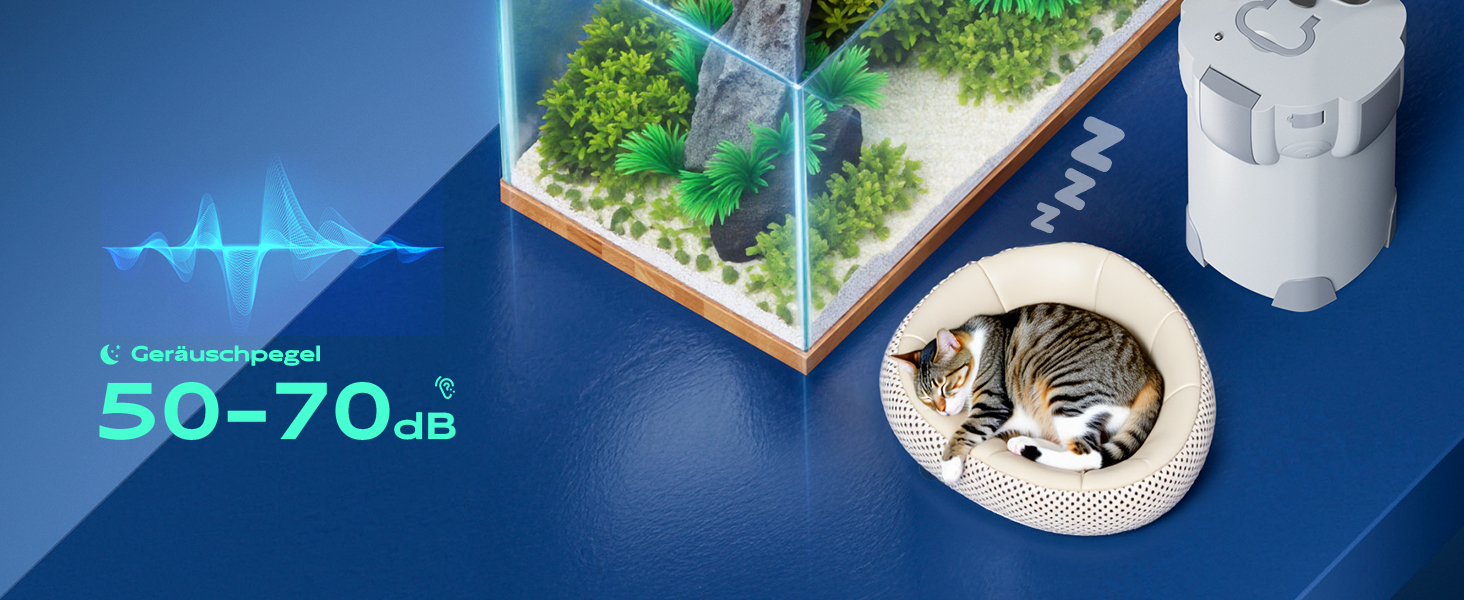 Aquarium-Setup mit Schallpegelanzeige, die 50-70 dB anzeigt. Zur Ausstattung gehören ein Aquarium, ein Katzenbett und ein Wasserfilter, wodurch ein geräuscharmer Betrieb für tierfreundliche Umgebungen hervorgehoben wird
