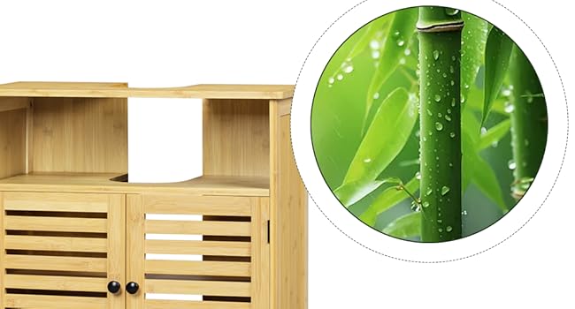 Light wooden bathroom cabinet with open shelving and slatted doors. Inset image shows green bamboo stems, suggesting eco-friendly material.