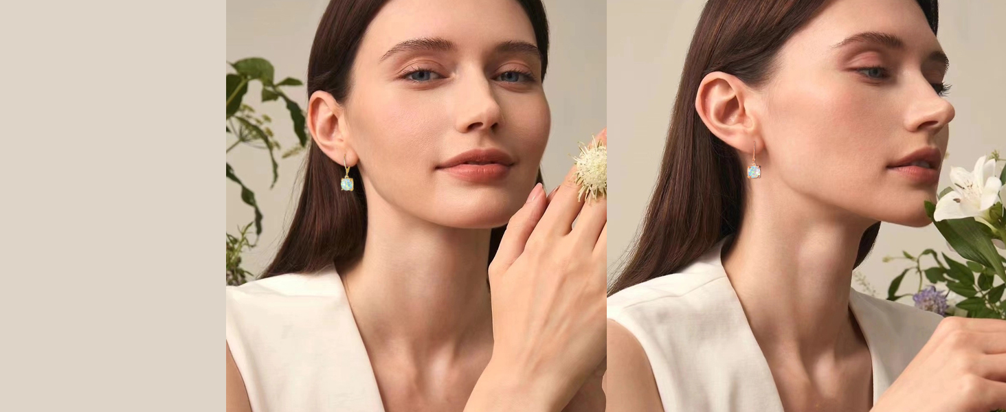 Square-Cut Opal Earrings Leverback Drop Earrings for Women Hypoallergenic, Pendant Dangle Earrings