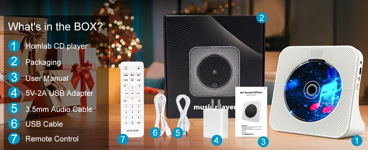 CD player product package contents display showing main unit, accessories, and numbered list including remote control, cables, and user manual.
