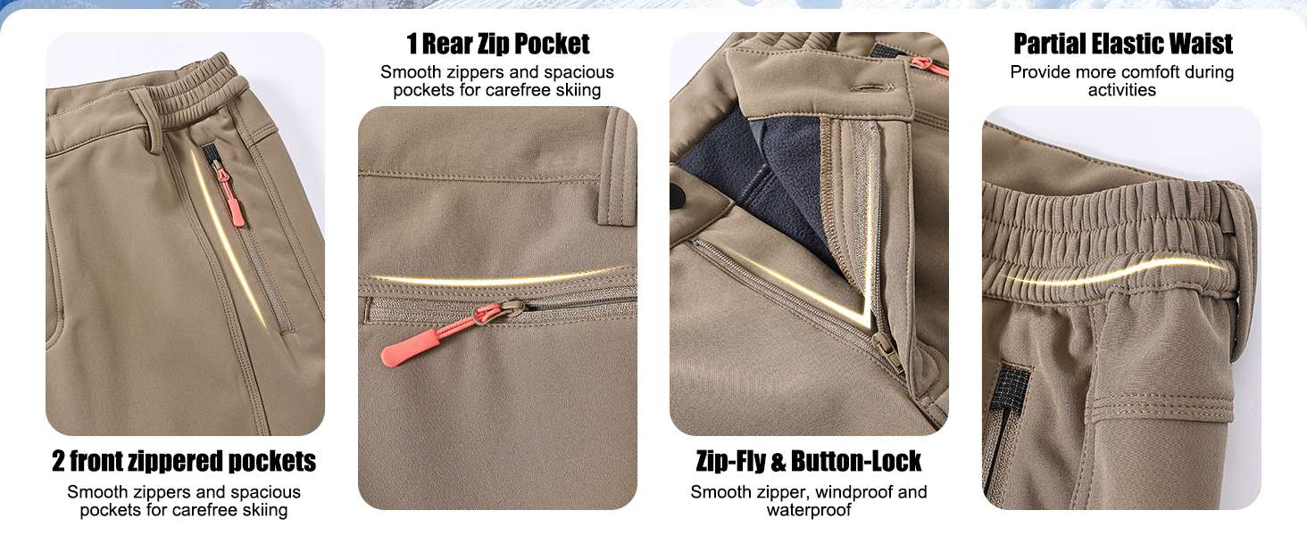 Snow Ski Softshell Waterproof Snowboard Winter Hiking Cargo Pants Fleece Lined Zipper Bottom Leg