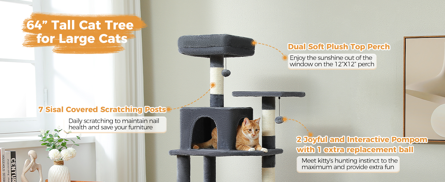 PAWZ Road Large Cat Tree, 64.5 Inches Cat Tower for Medium