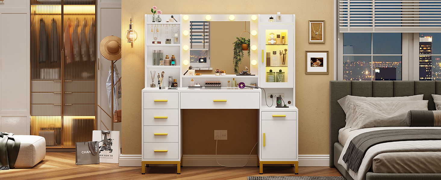 UPOSOJA White Large Vanity Desk with Light & Mirror
