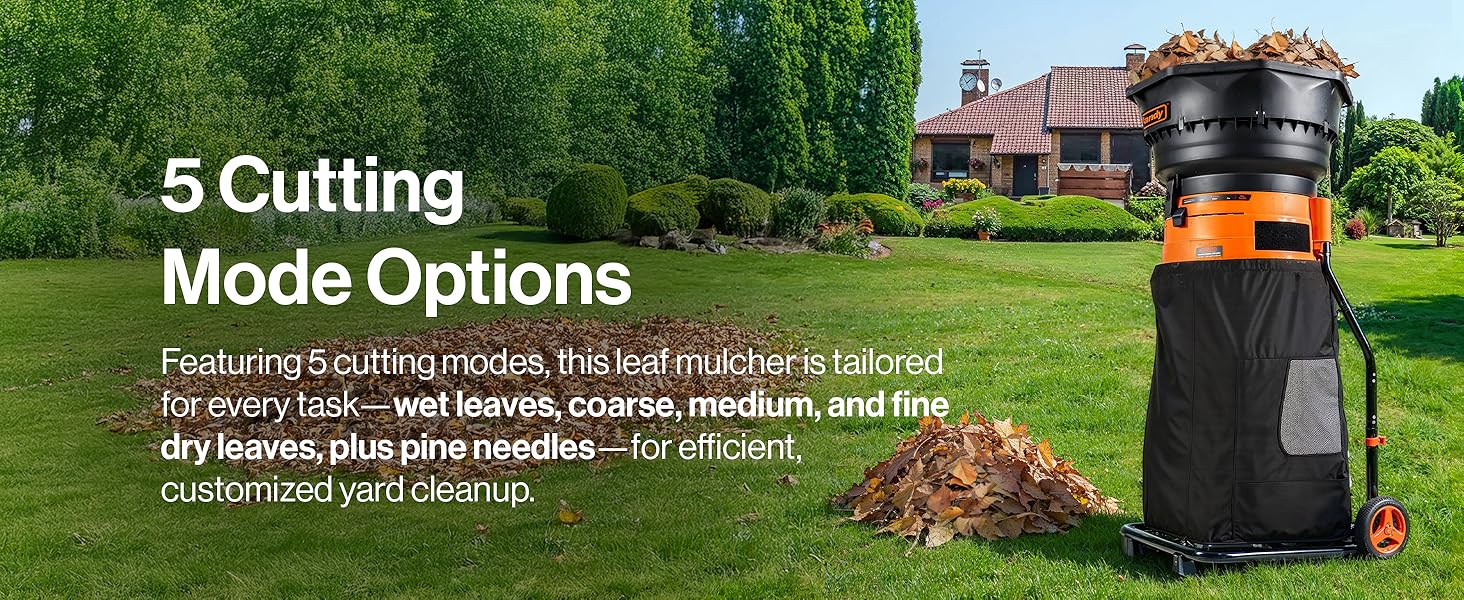 Text reads '5 Cutting Mode Options'. Orange and black lawn tool with cutting capabilities shown against garden background.
