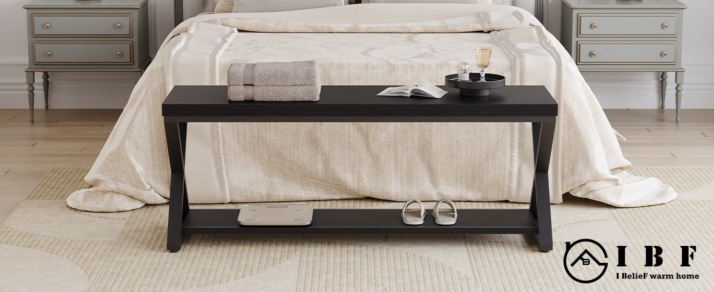 IBF Black Bench, Modern Entryway Bench for Bedroom, Wood