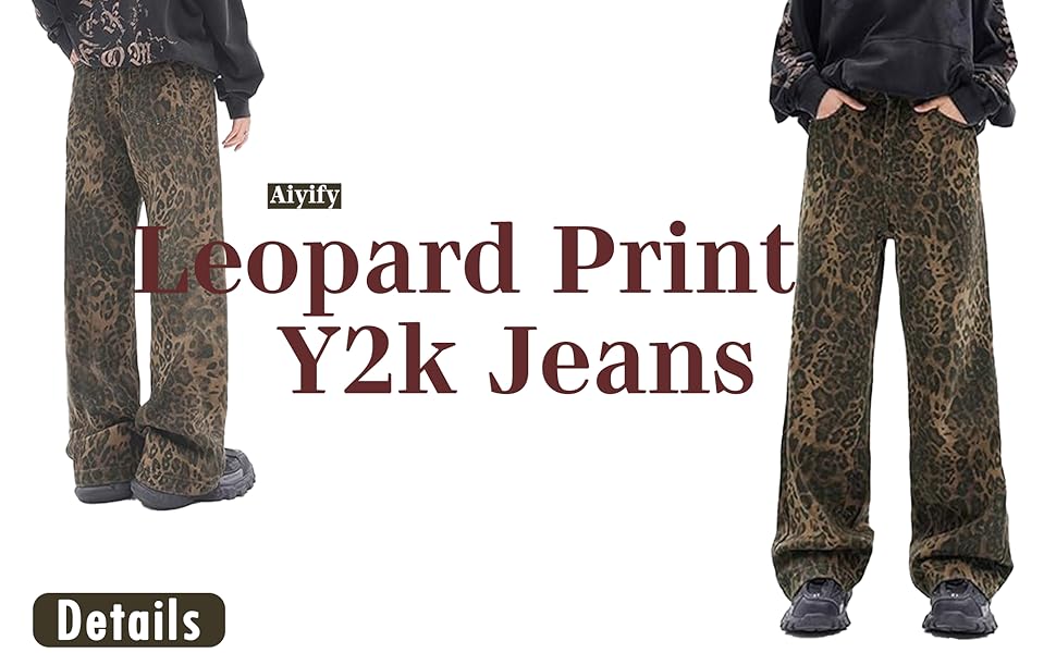 パンツ y2k leopard double waist denim pants TWOTWINSTYLE Leopard Ripped Wide Leg Jeans For Women High