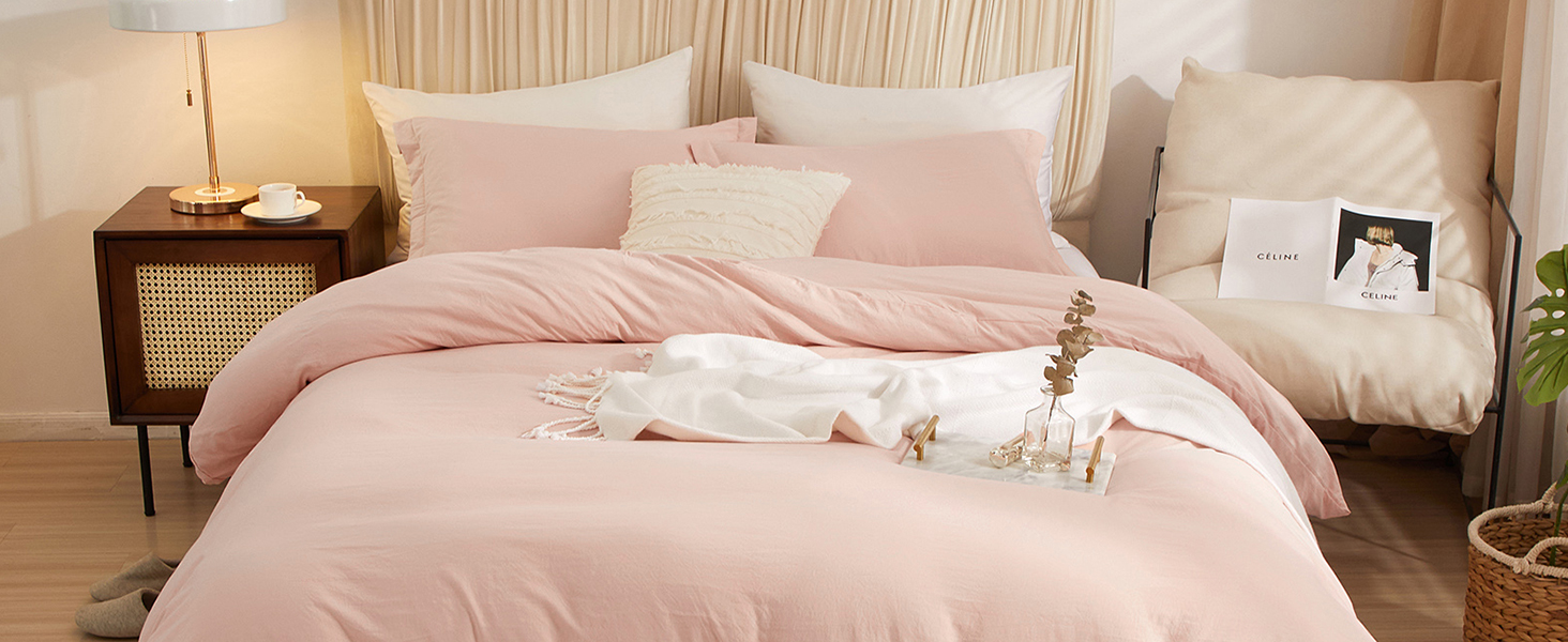 VClife 3 Pieces Pink Duvet Cover with Zipper Ties Super