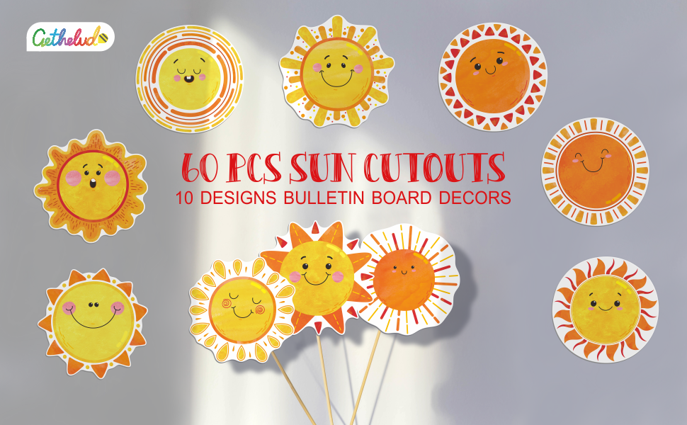60 PCS Sun Cutouts, 10 Designs Bulletin Board Decoration
