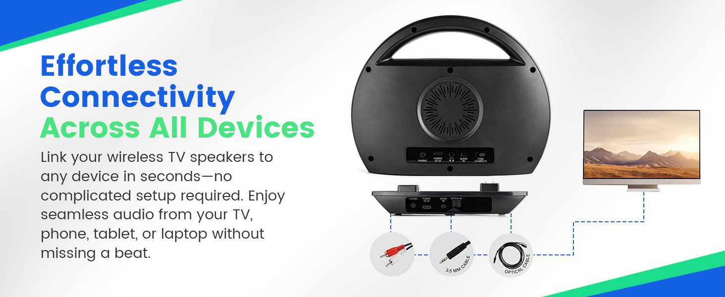 Wireless tv speakers compatible with smart tv with optical audio and analogue 3.5mm and RCA