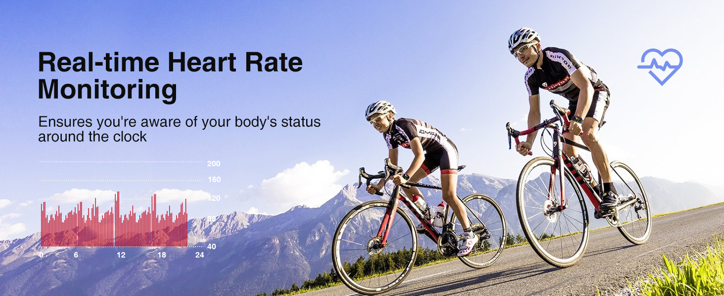 Ad for real-time heart rate monitoring feature, showing cyclists riding on a mountain road with a heart icon and graph overlay.