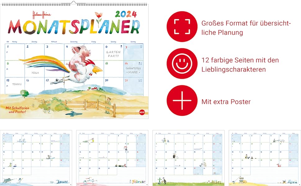 Helme Heine Monatsplaner 2024. Liebevoll illustrierter Wandkalender von 