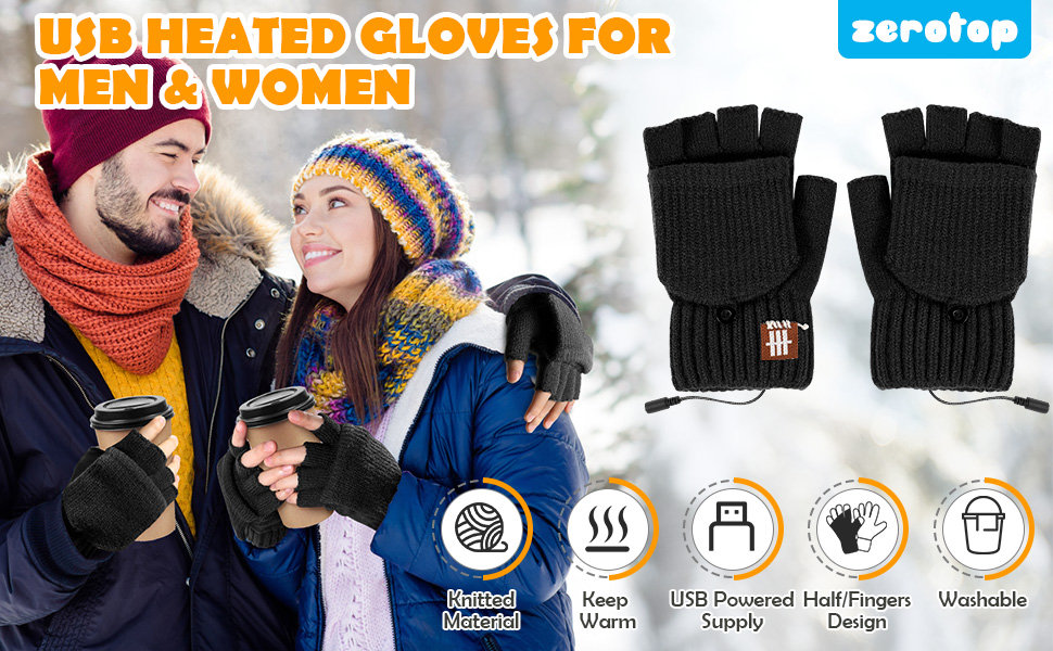 zerotop USB Heated Gloves Men Women Knitted Heating Gloves Fingerless