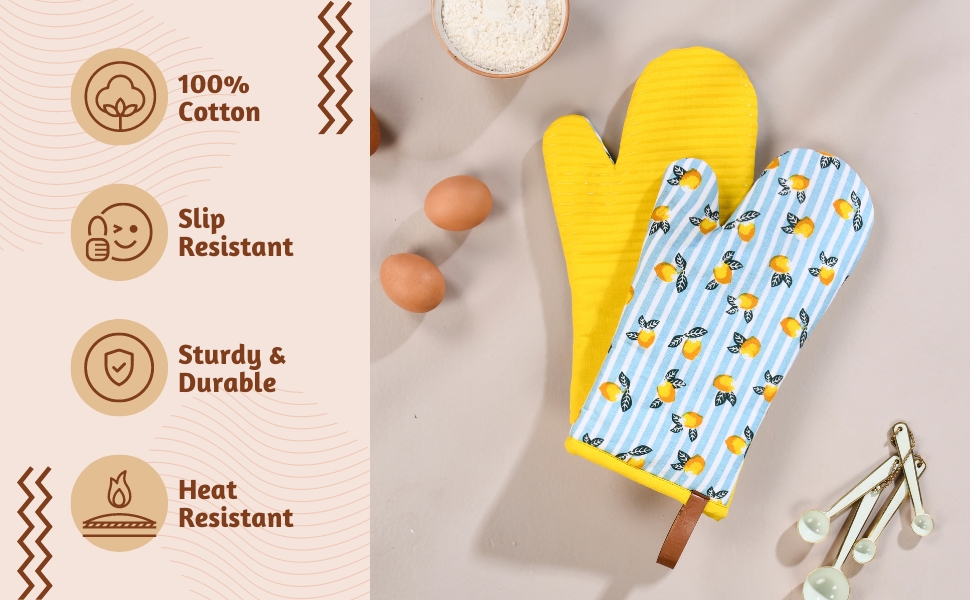 Folkulture Oven Mitts Heat Resistant 12" x 5.5" or Silicone Oven Mitts, Cotton Oven