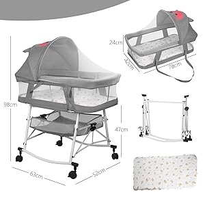 avec roulettes, auvent et poignées de transport. Design pliable présenté dans plusieurs positions. Dimensions et matelas inclus affichés.