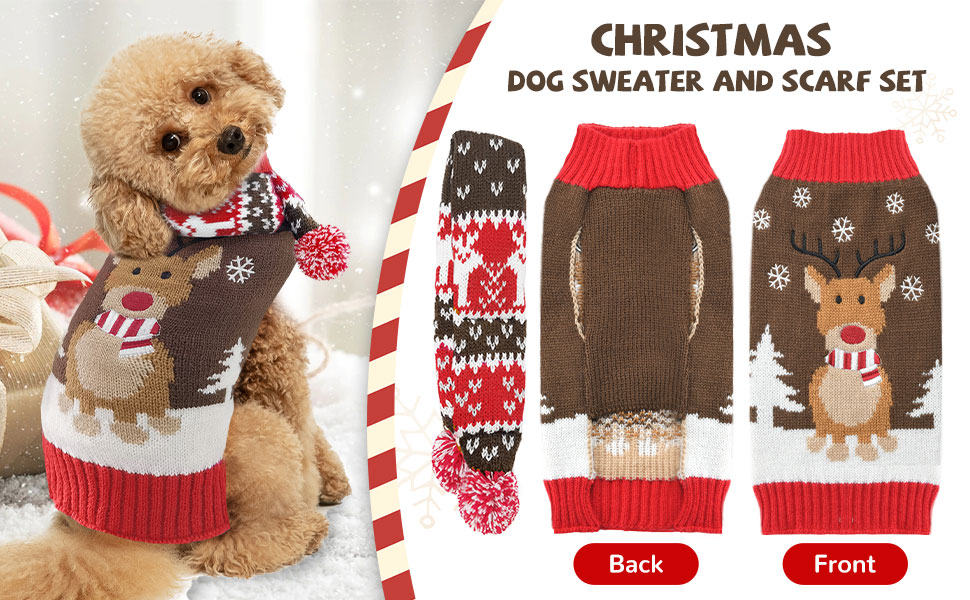 XGDMEIL Dog Christmas Sweater Scarf Cute Ugly Brown
