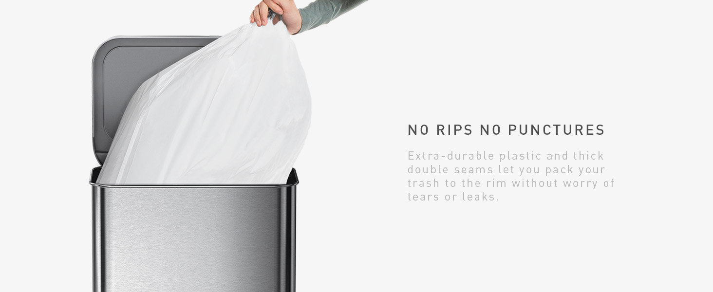 No Rips No Punctures | Extra-durable plastic; thick double seams let you pack your trash to the rim