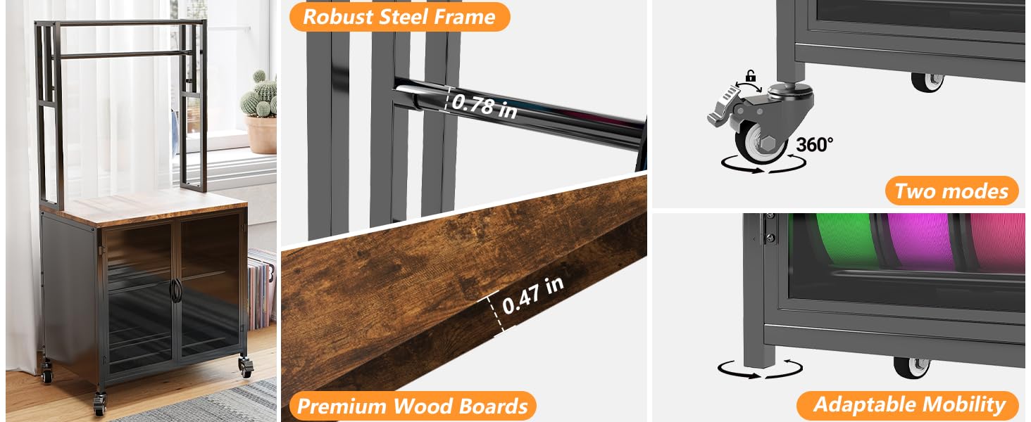 3D Printer Stand with Filament Storage, 29.5" x 18.9" Dustproof and Moisture-Proof Heavy Duty Large 3D Printer Table Cart with 360°Rolling & Cabinet for Workshop Studio Office (Rustic Brown) 18 desk printer stand