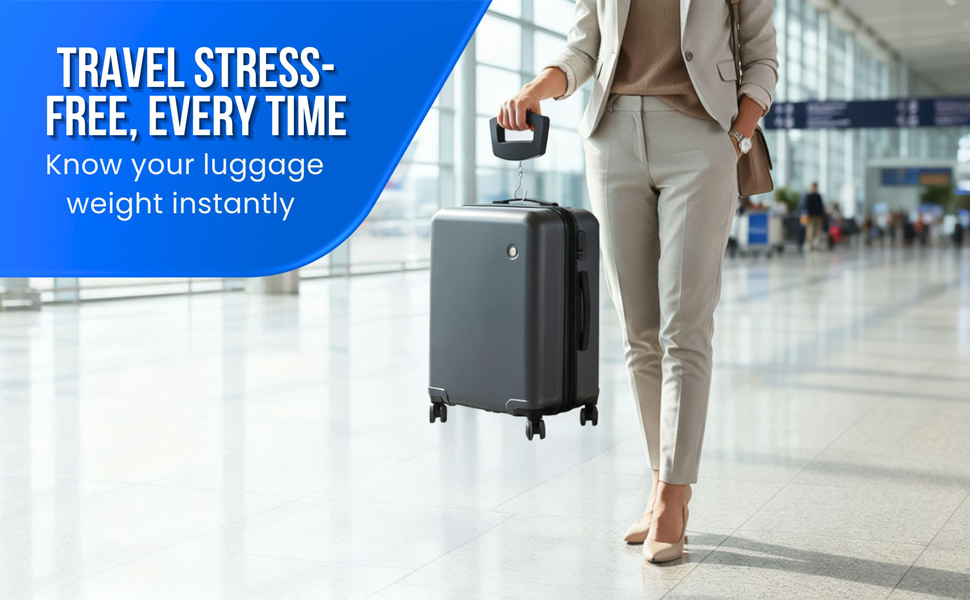 Traveler lifting suitcase at airport using a luggage weight scale; close view of the digital luggage