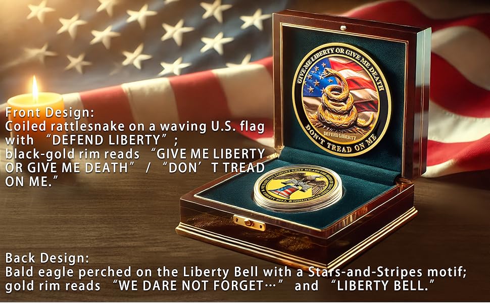Patriotic Military Challenge Coin | Eagle, Snake & Liberty Bell Memorial Military Chip