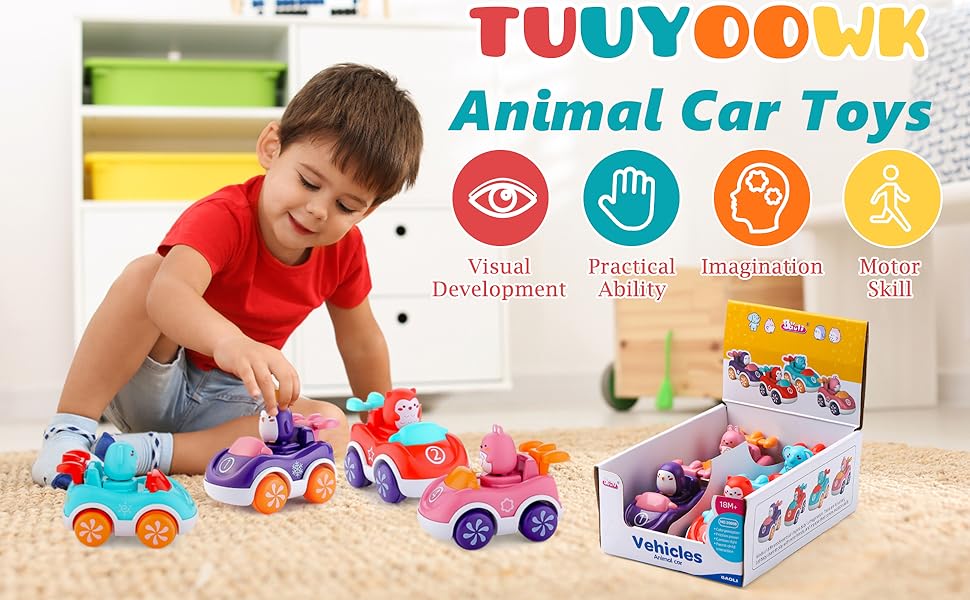 TUUYOOWK Friction Power Car, 4 Pack Toddler Cars Toys, Pull Back Cars for Toddlers 13 Year Old