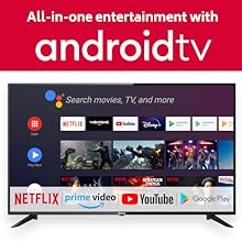 Smart TV-interface met Android TV-platform met verschillende streaming-apps en een zoekbalk voor films, tv en meer inhoud.