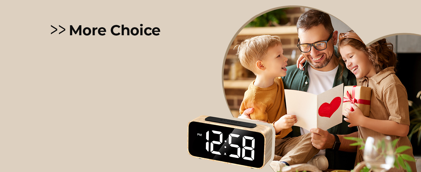 Digital alarm clock with large, bright LED display showing 12:58. Clock appears in foreground of family scene, suggesting its size and visibility in a home setting.