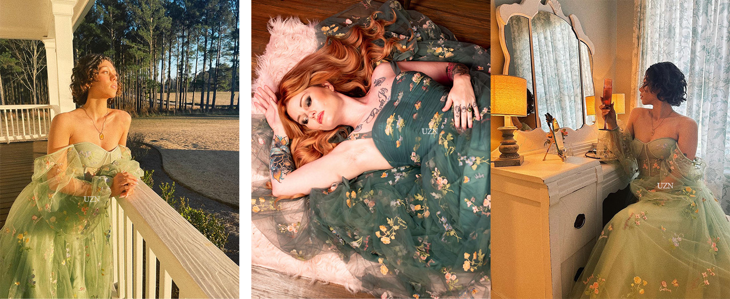 long puffy sleeves prom dresses long flower lace