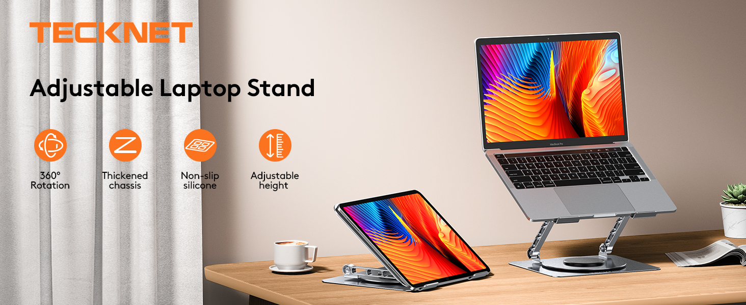 Text reads 'TECKNIT Adjustable Laptop Stand' with four feature icons. Product image shows silver laptop stand with device displayed at elevated angle.
