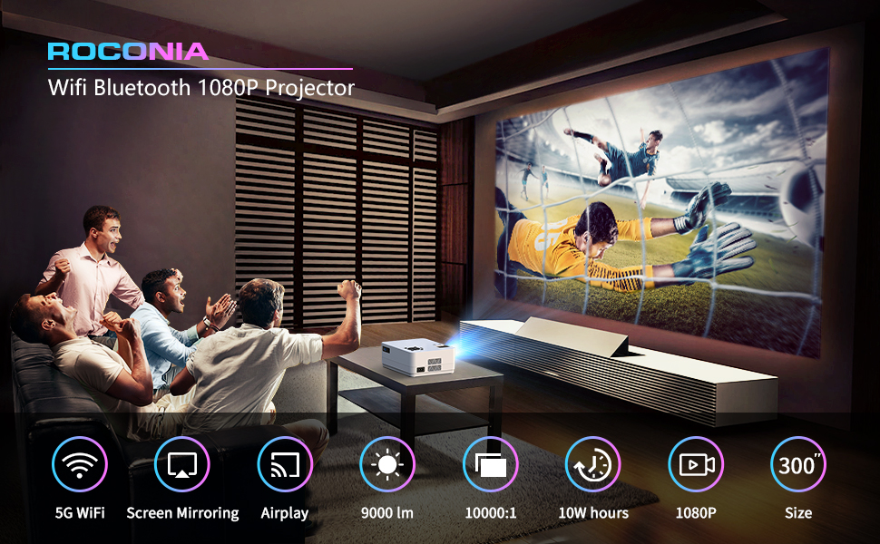 Native 1080P 5G WiFi Bluetooth Projector, Roconia 9000LM Full HD Movie