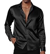 PJ PAUL JONES Men's Shiny Satin Dress Shirts Long Sleeve Button Down Silk Shirt with Bow Tie