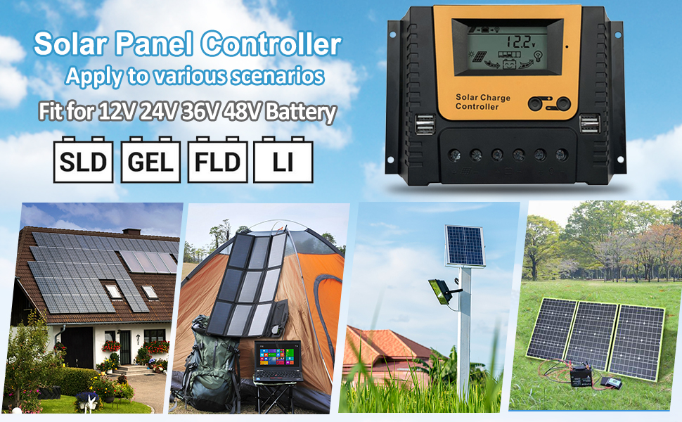 CONRAL Contrôleur Charge Solaire 60A PWM 12V 24V, régulateur décharge Charge  Panneau Solaire Automatique, dissipateur Chaleur Grande Puissance, contrôle  lumière et minuterie, Grand écran LCD : : Commerce, Industrie et  Science