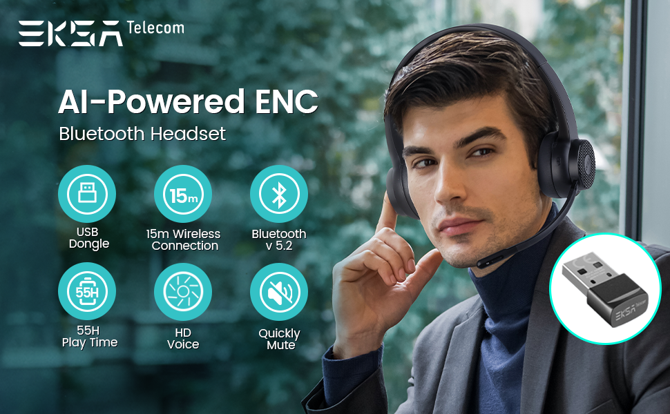 Bluetooth Headset V5.2, Wireless Headset for PC with AI
