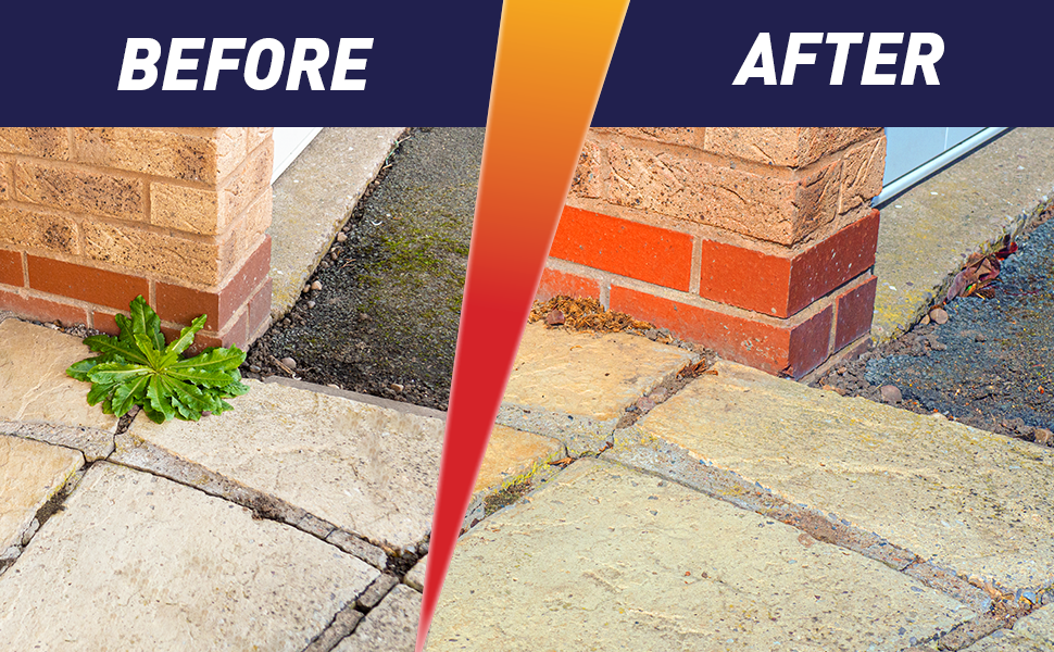Before and after comparison of brick wall and pavement. 'Before' shows weeds, 'After' shows clean, weed-free surface.