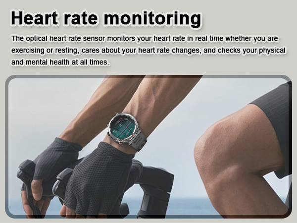Smartwatch on wrist displaying heart rate data. Text explains optical heart rate monitoring for exercise and health tracking.