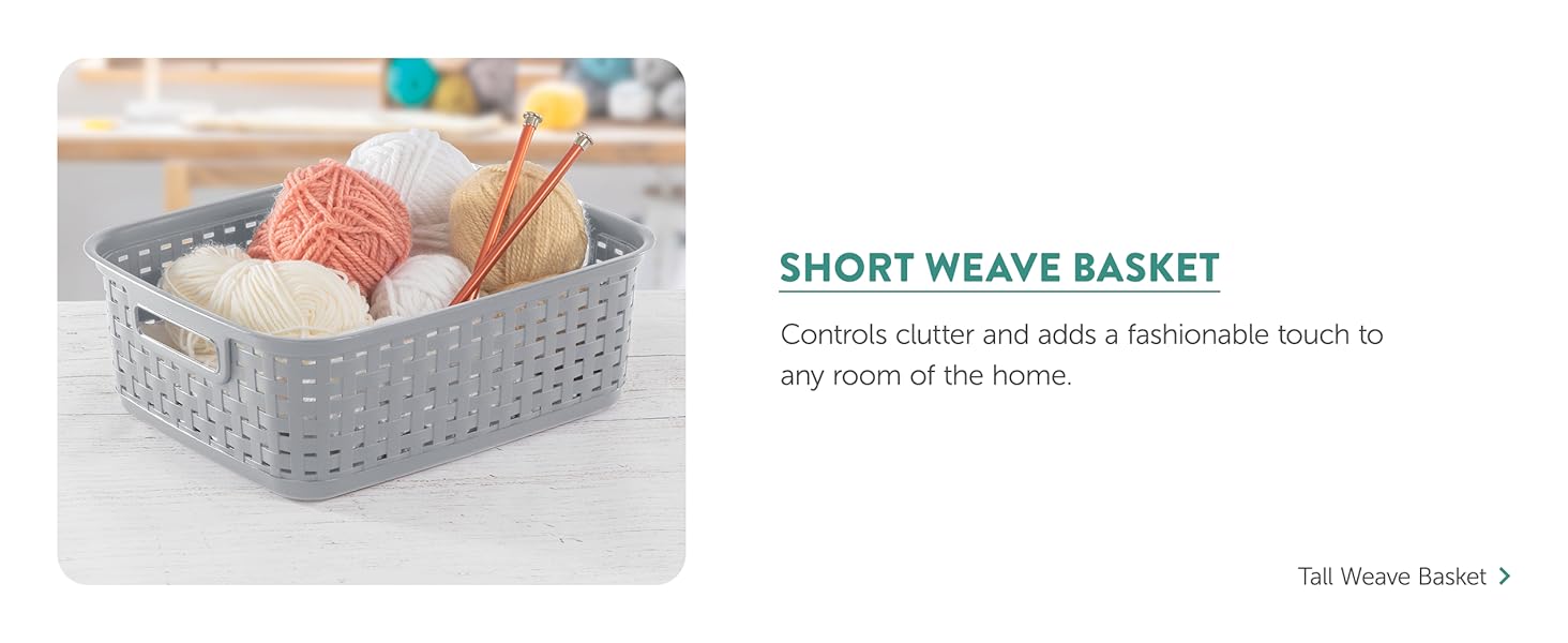 Storage basket showcasing yarns and other knitting items labeled as &#39;Short Weave Basket&#39;.