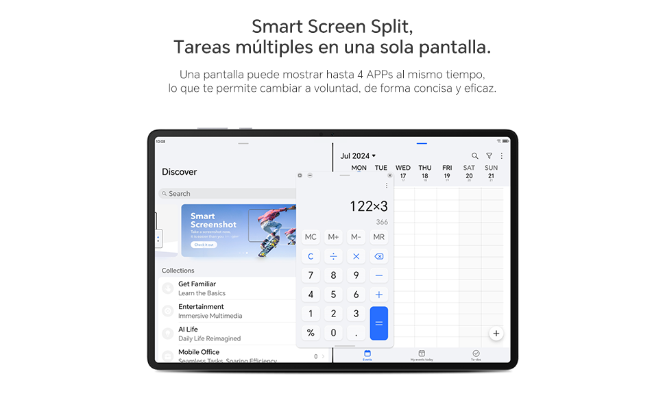 Tableta que muestra la función de pantalla dividida y muestra una aplicación de calendario y una interfaz de productividad con visualización de 12:24.