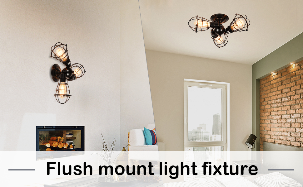 Vintage Semi Flush Mount Ceiling Light, E26 Industrial Metal Cage Ceiling Light Fixture 3 Lights