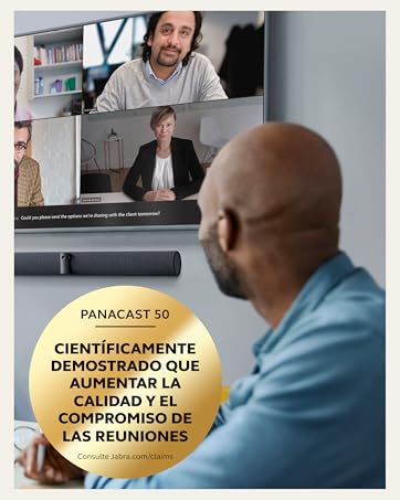 Configuración de videoconferencia que muestra pantallas de ordenador y una barra de sonido, con una superposición gráfica circular amarilla que muestra texto en español sobre la calidad de la reunión.