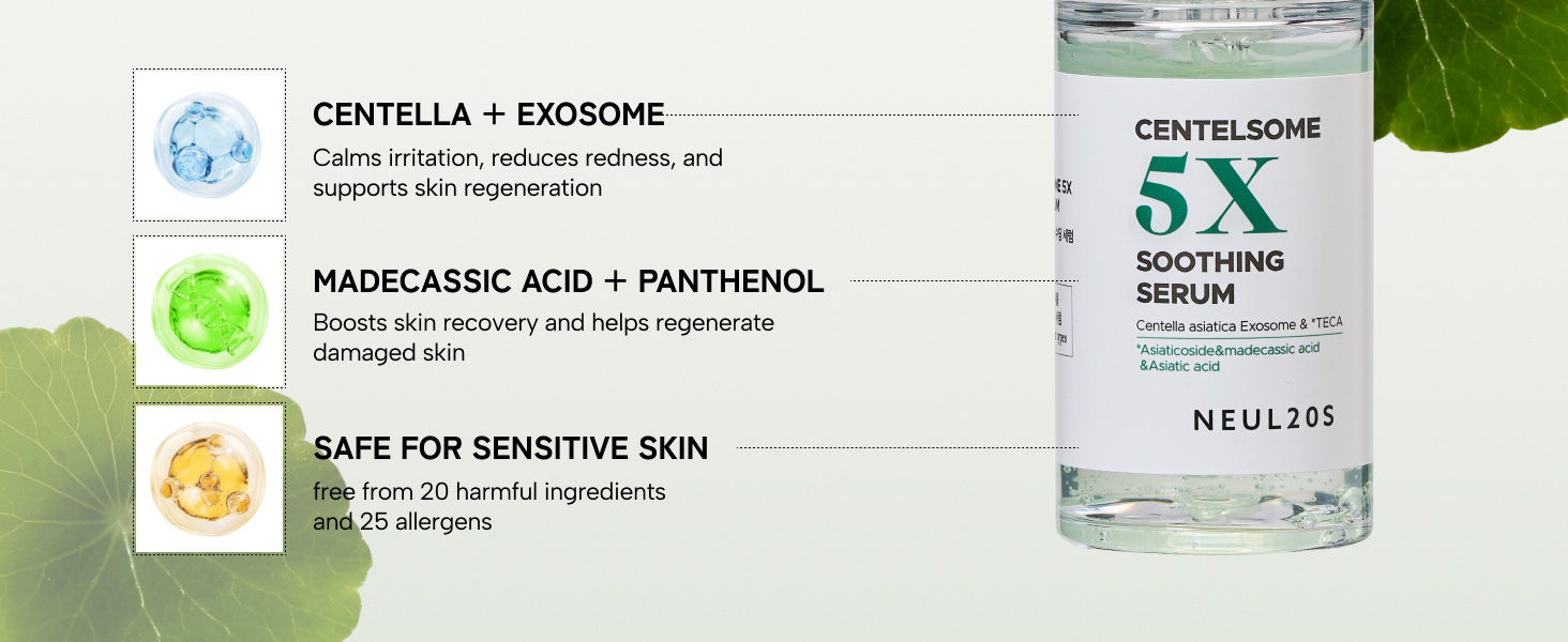 Glass skin glow serum with Centella exosome, Madecassic acid & Panthenol – safe for sensitive skin.