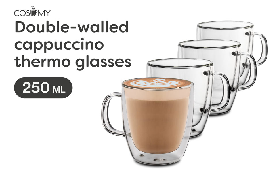 Cosumy Double Walled Glass Cappuccino Coffee - Set of 4 Handled Cups 250ml - Keep The Temperature Longer - Protect Your Hands 9 JHVHJV