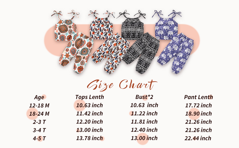 Colorful boho harem-style garments with intricate prints for toddler girls.