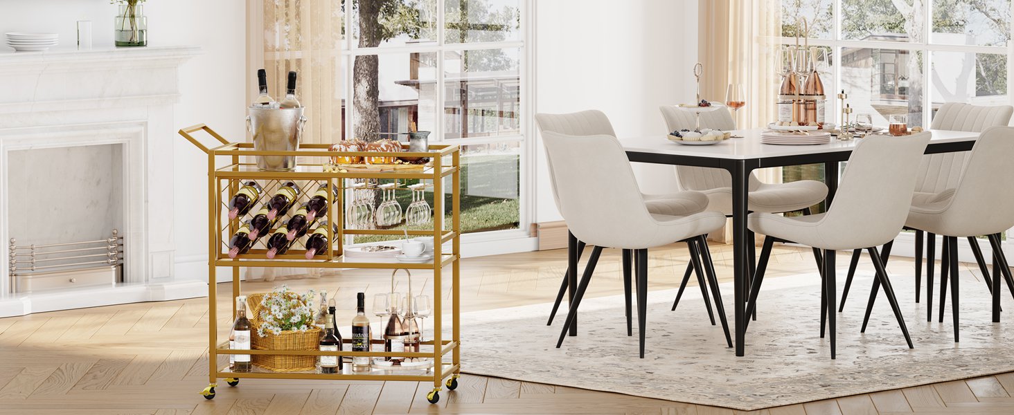 FATORRI Bar Cart for The Home with Wine Rack and Glasses Holder (Gold)