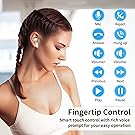 Text reads 'Fingertip Control' 'Smart touch control with rich voice prompt for your easy operation'. Wireless earbuds product showcase with control interface icons.