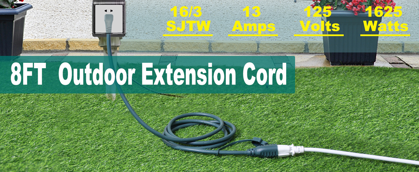 8FT Green Outdoor Extension Cord for Lawn Mower 1625W SJTW 16AWG