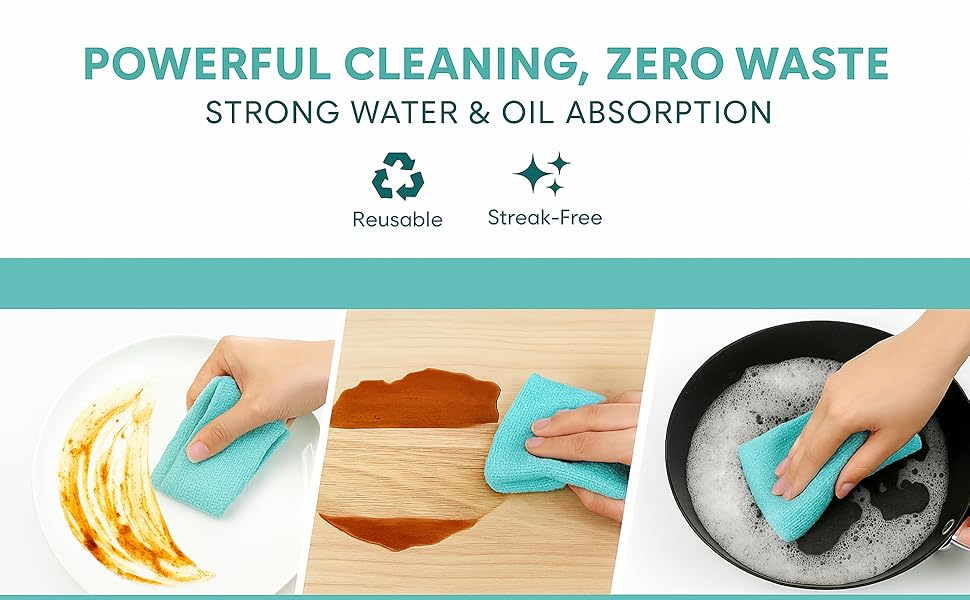 Microfiber cloths cleaning dishes, absorbing spills, and washing pans — absorbent & reusable