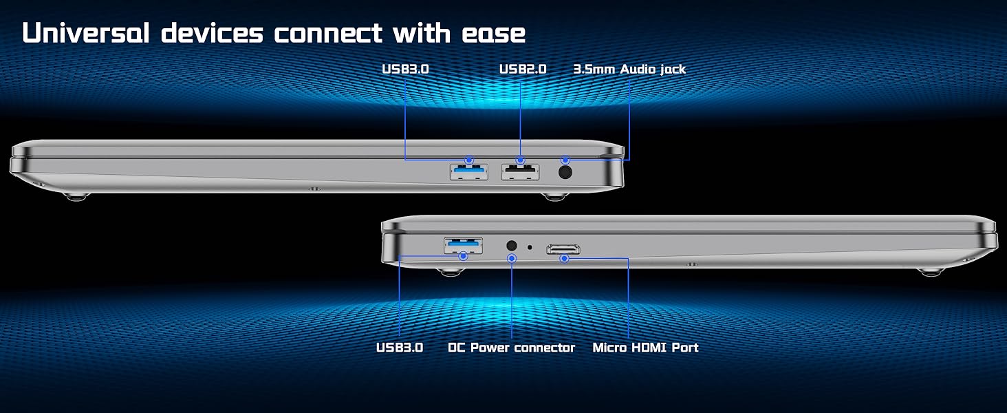 Text reads: 'Universal devices connect with ease.' Laptop or device ports shown with blue technological effect background, displaying USB and other connection ports.
