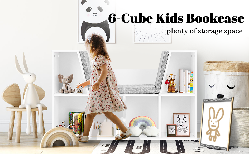 COSTWAY 6-Cube Kids Bookcase, Wooden Display Shelving Unit Organizer With Cushioned Reading Nook, Multi-Functional Storage Shelf Cabinet (White) 13 banner