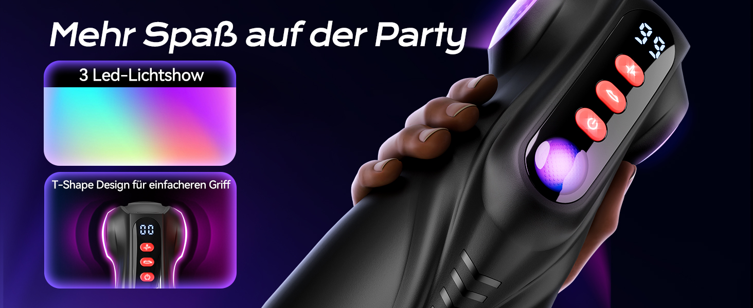 Der Text lautet „Mehr Spaß auf der Party“ und „3 LED-Lightshow“. Dunkles Werbebild mit silhouettierten Figuren und farbenfrohen LED-Lichteffekten.