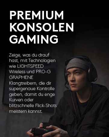 Der Text lautet „PREMIUM KONSOLEN GAMING“. Zeigt eine Person mit einem Gaming-Controller vor einem dunklen Hintergrund.