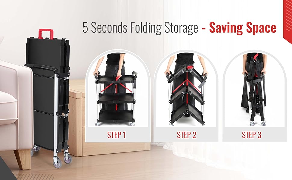 Portable Folding Utility Service Cart,3 Tier Collapsible